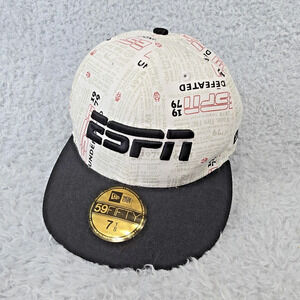 ESPN Hat Cap Fitted Mens 7 1/8 Black White 59FIFTY New Era Embroidered